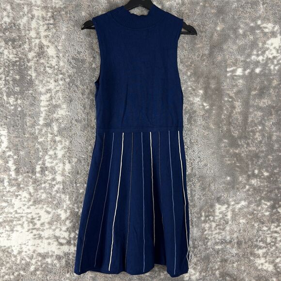 By Artisan Size L Fit Flared Knee Length Dress Navy Sleeveless Striped Casual - Picture 2 of 7